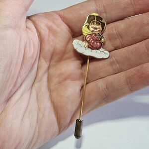 Vintage 1978 Enameled Centennia Stick Pin Gold Tone Angel Praying Red Pink Lapel